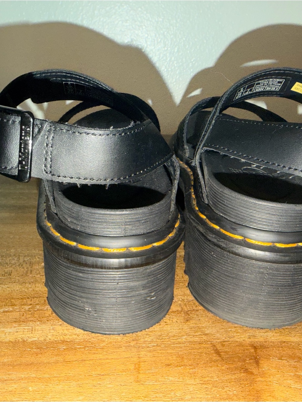 Dr. Martens Black Leather Platform Sandals with Yellow Stitching - Picture 5 of 7
